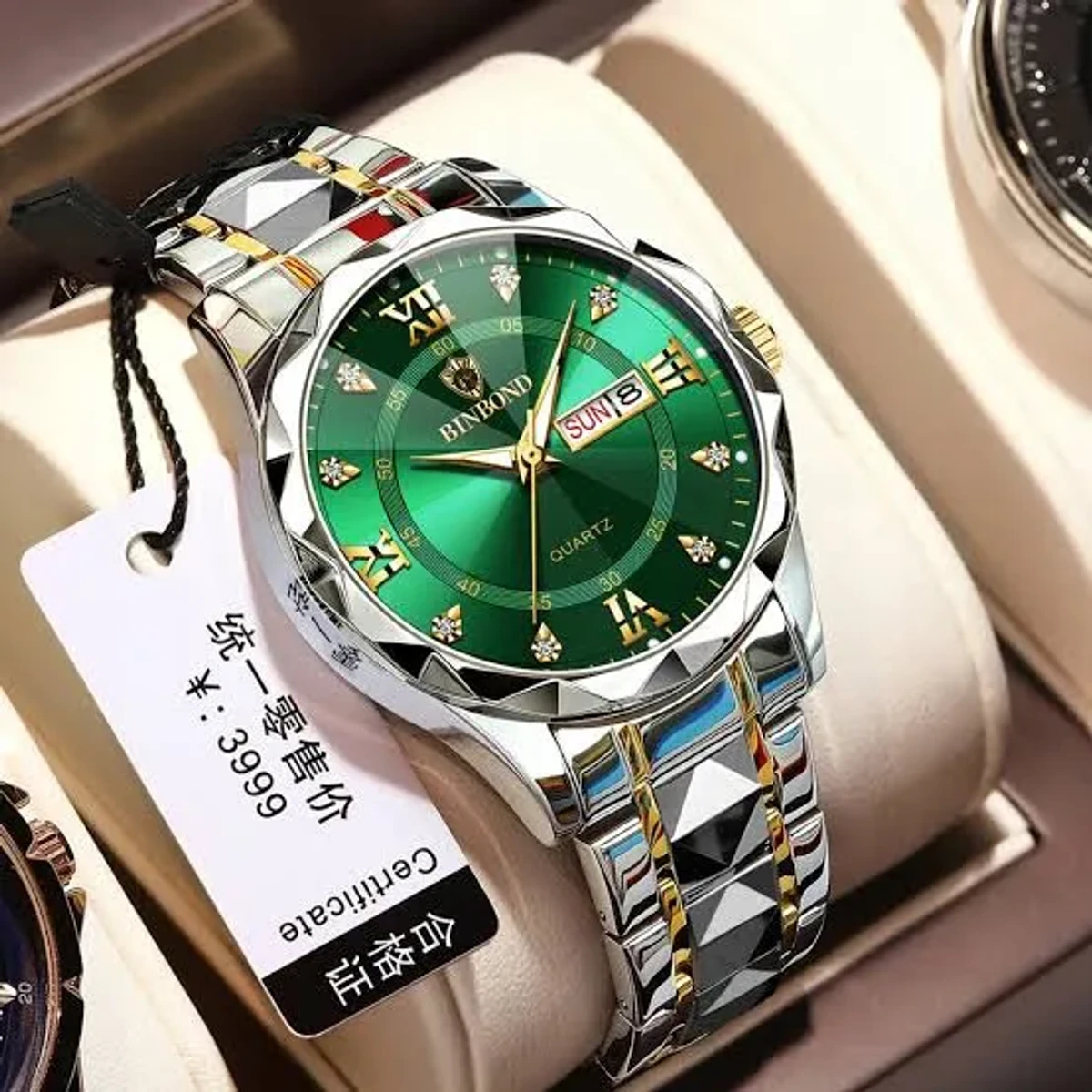 BINBOND NEW DIAMOND CUT DESIGN TOTON AR DIAL GREEN COLOUR WATCH FOR MAN