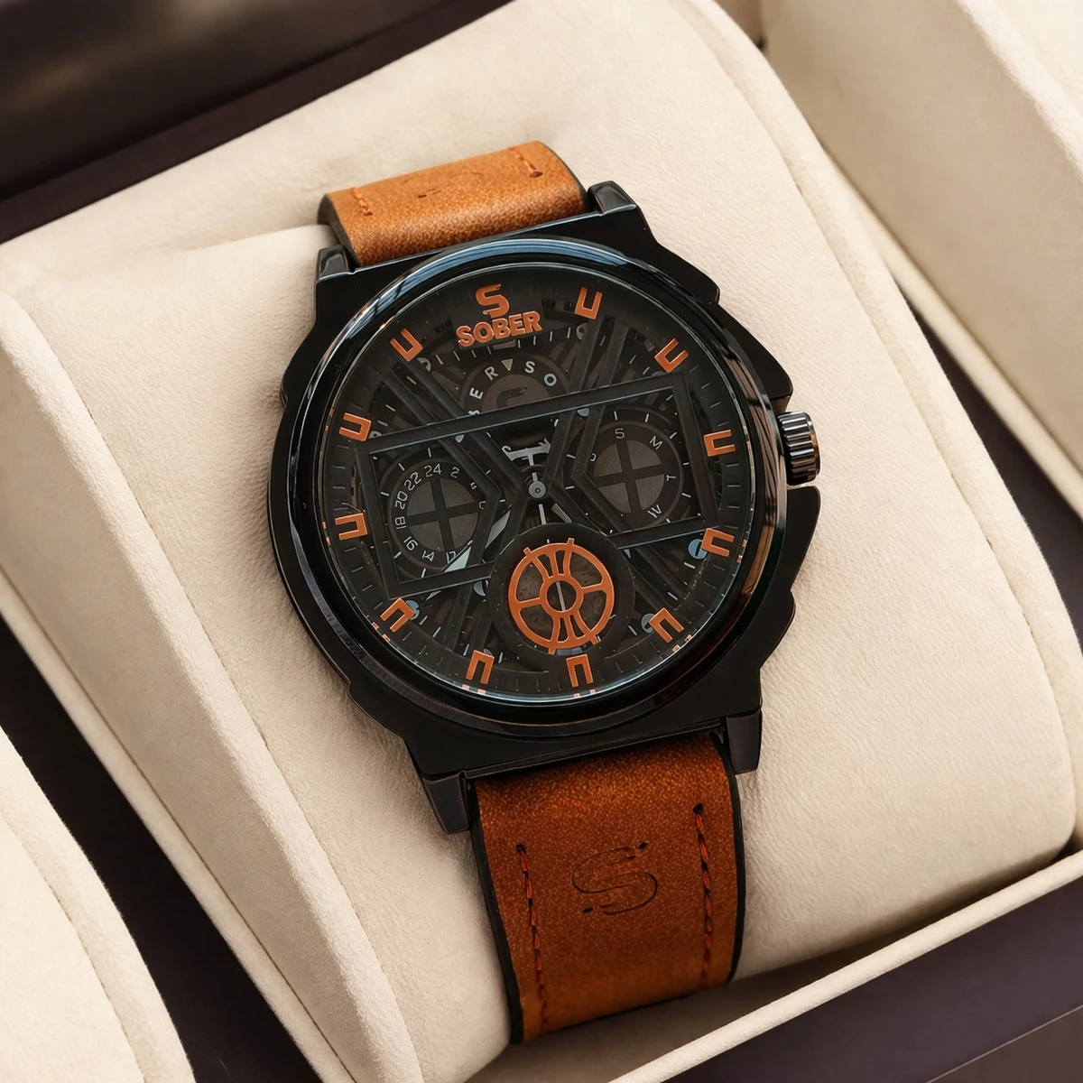 Sober Watch Model 890 Premium Watch Belt Brown  Dial Black Colour Watch For Man + এক পিস ব্যাটারি ফ্রি।