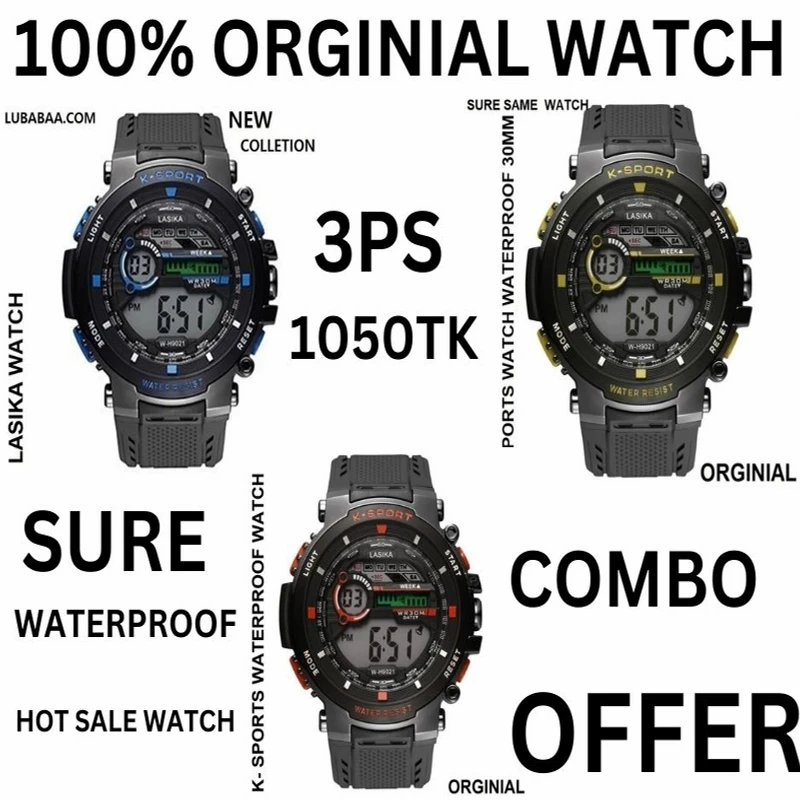 COMBO PACK 3PS SPORTS MODEL-9021 WATER RESISTANCE/ WATERPROOF 30M SILICON DIGITAL WATCH FOR MEN-RED, BLUE, YELLOW COOLER