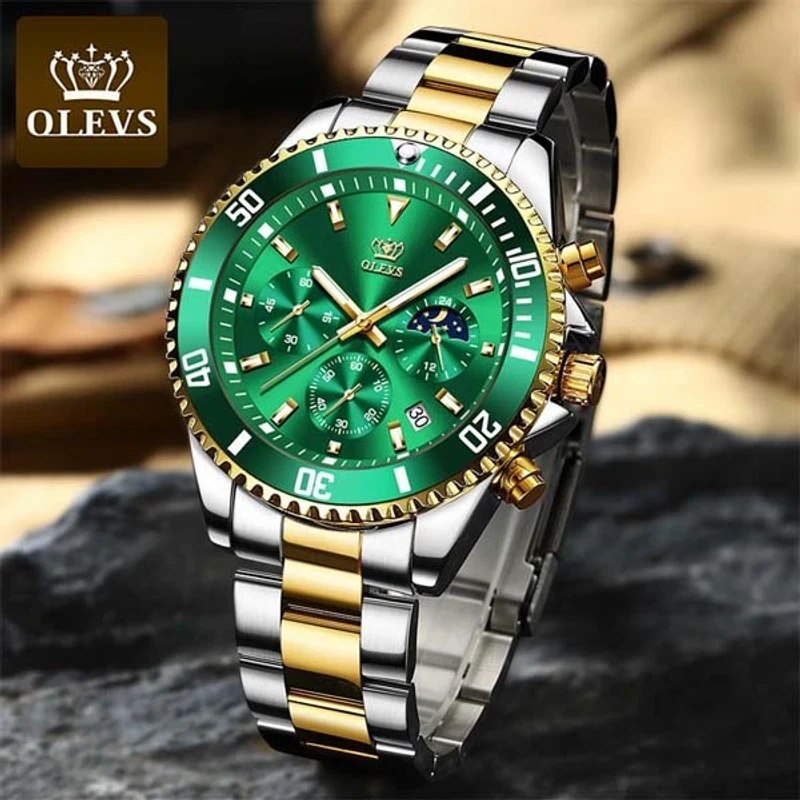 OLEVS MODEL 2870 WATCH FOR MEN LUXURY STAINLESS STEEL MEN QUARTZ WRISTWATCHES SPORTS WATERPROOF DIVE GREEN WRISTWATCH MEN’S WATCHES