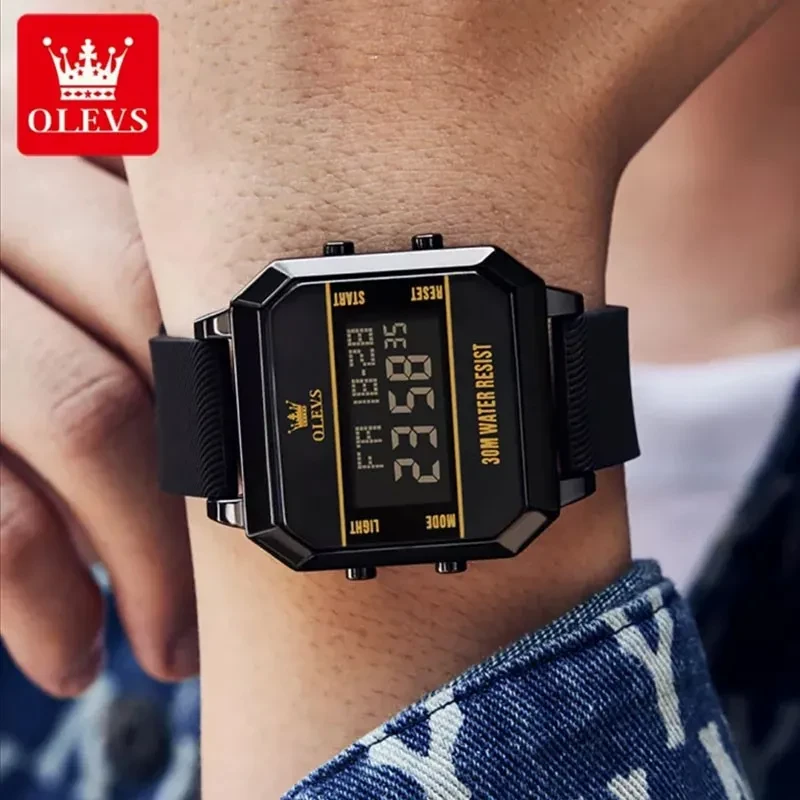 OLEVS Digital LED Luminous Fashion Cool Sports Chronograph Alarm Clock Watch - FULL BLACK