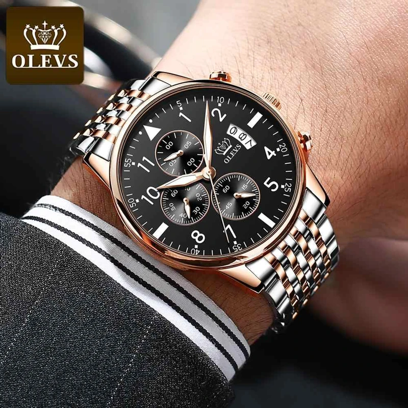 OLEVS STAINLESS STEEL QUARTZ MEN'S WATERPROOF LUMINOUS WATCHES