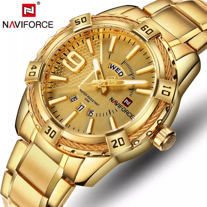 Naviforce NF9117 - Golden Stainless Steel Analog Watch for Men - Golden