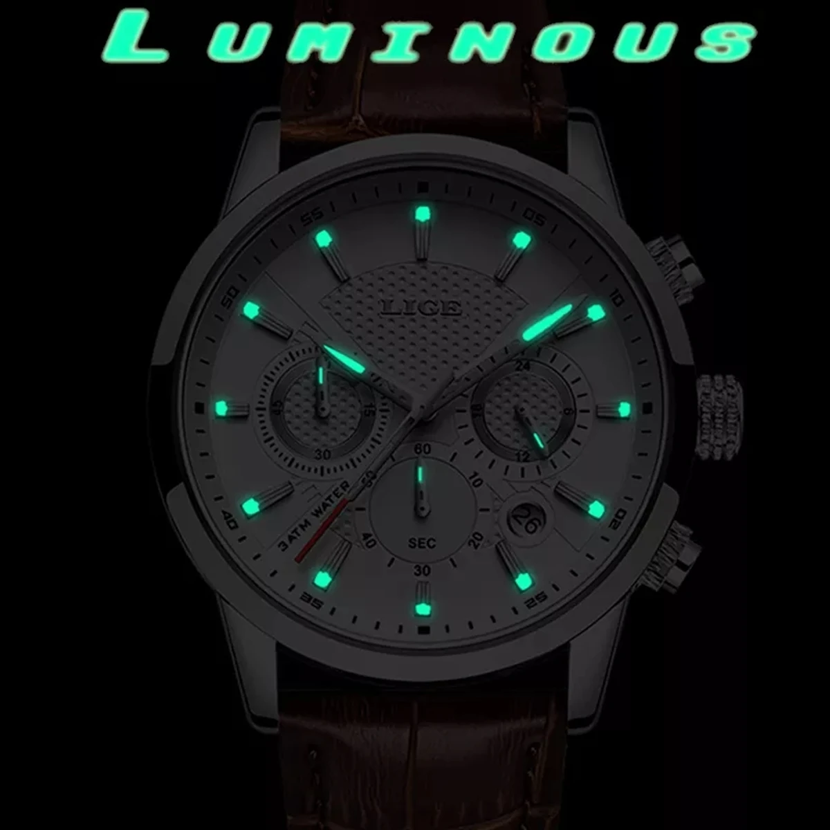 Lige  Model 9866 Men Fashion Sport Quartz Luxury Leather Waterproof Chronograph Watch For Men