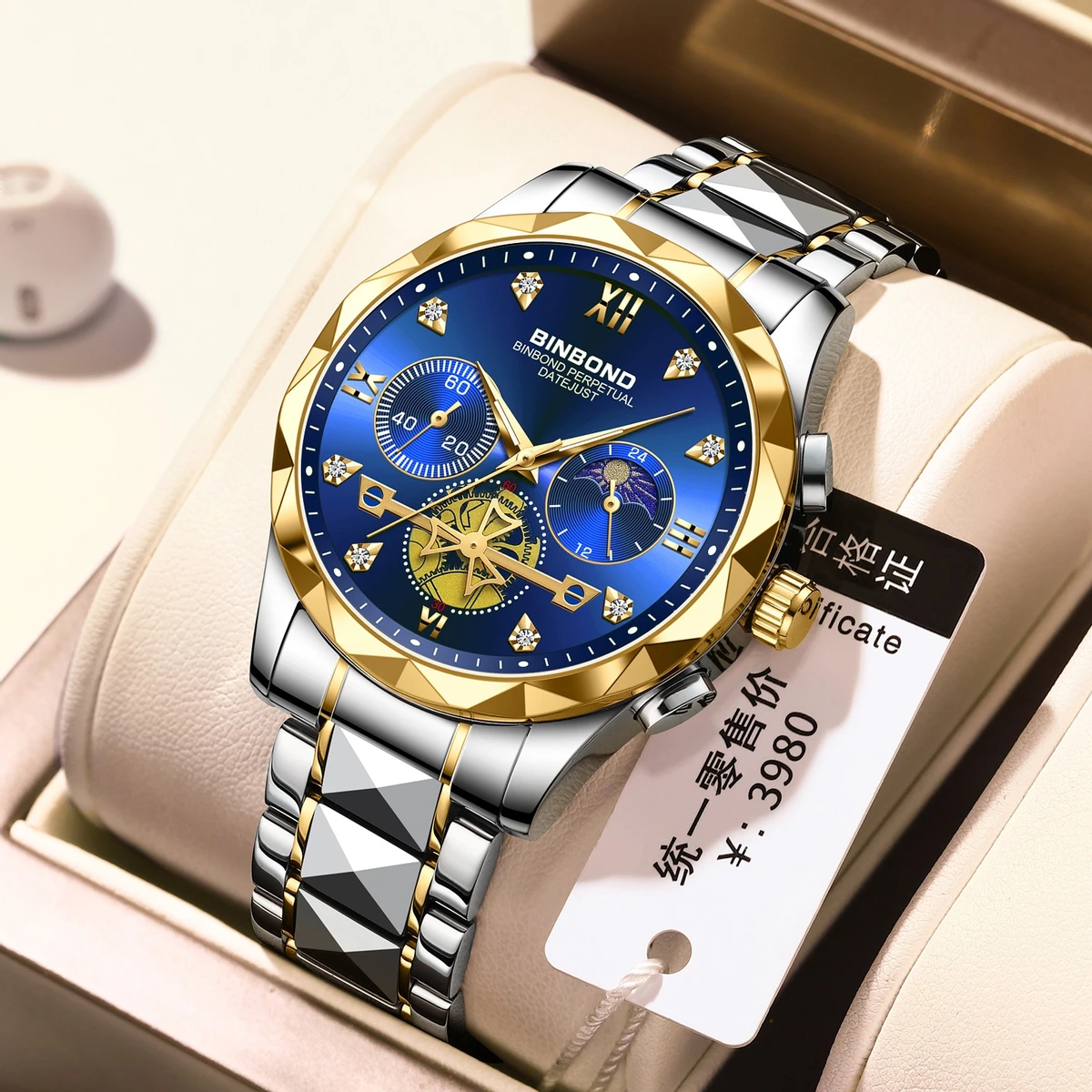 New Luxury Binbond Brand Men's Luminous Watches Stainless Steel Waterproof BINBOND Chronograph watch TOTON AR DIAL BLUE COOLER WATCH MAN