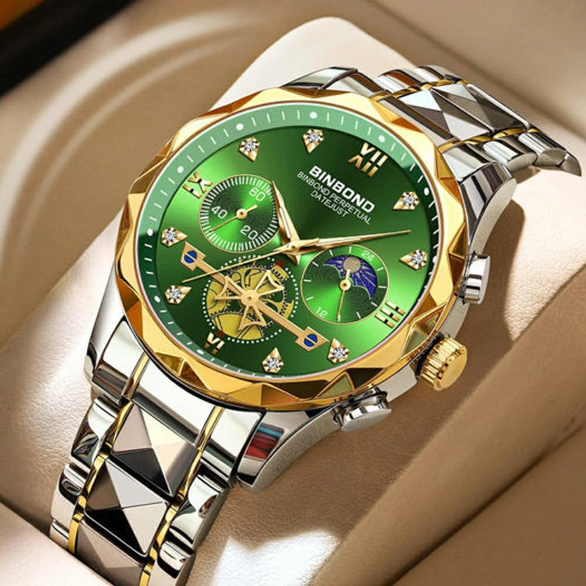 New Luxury Binbond Brand Men's Luminous Watches Stainless Steel Waterproof BINBOND Chronograph TOTON AR DIAL GREEN COOLER WATCH