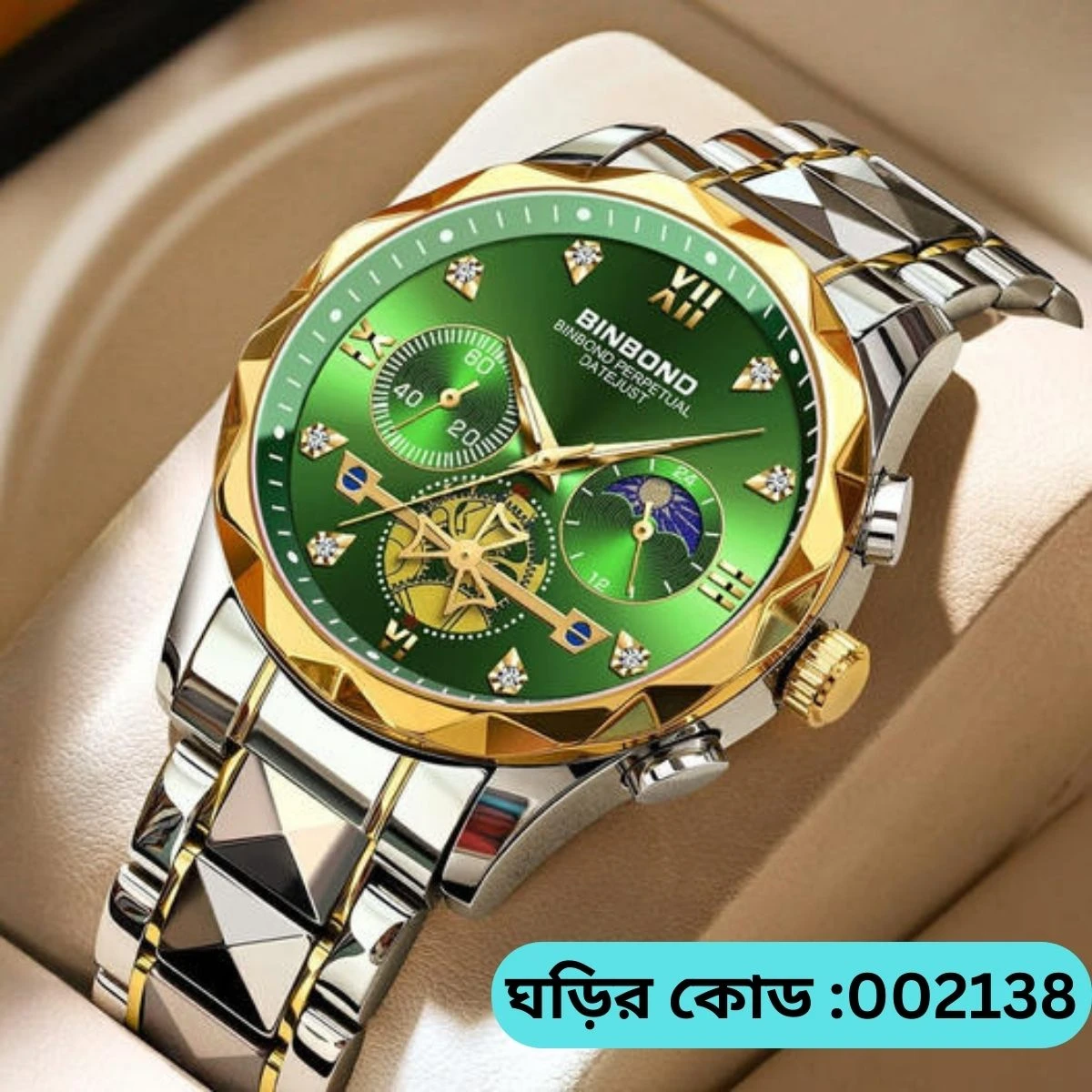 New Luxury Binbond Brand Men's Luminous Watches Stainless Steel Waterproof BINBOND Chronograph TOTON AR DIAL GREEN COOLER WATCH