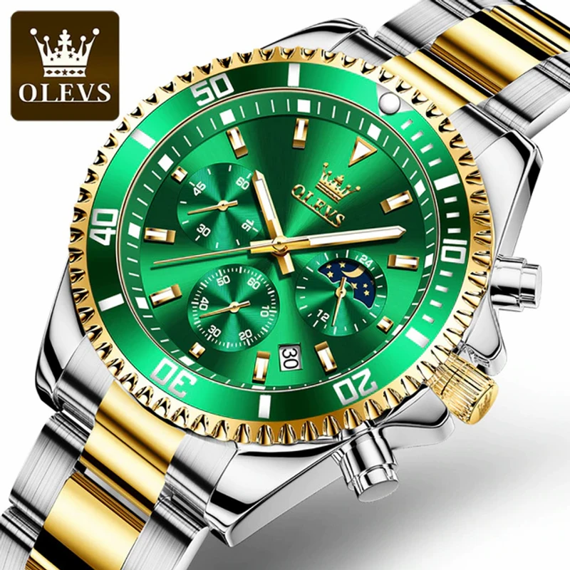 OLEVS Model 2870 Watch for Men Luxury Stainless Steel Men Quartz Wristwatches Sports Waterproof Dive Green Wristwatch Men’s Watches