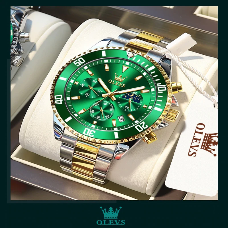 OLEVS Model 2870 Watch for Men Luxury Stainless Steel Men Quartz Wristwatches Sports Waterproof Dive Green Wristwatch Men’s Watches