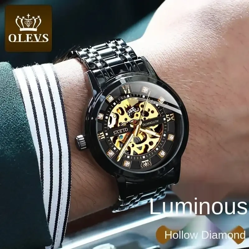 OLEVS Men’s Watch Automatic Business Fashion Waterproof Mechanical Luminous Stainless Steel Watch For Men – BLACK