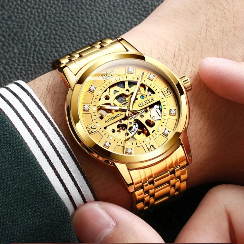 OLEVS 9901 Hollow Automatic Mechanical Men’s Watch Diamond Luminous Men’s Watch Luxury Brand Male Casual Sports Wrist Watch