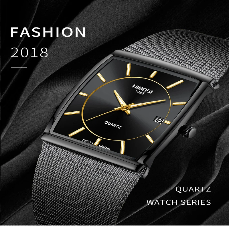 NIBOSI Men Watch 2022 Rectangle Black Stainless Steel Waterproof Luxury Quartz Watch Waterproof 30MM Analog Relogio