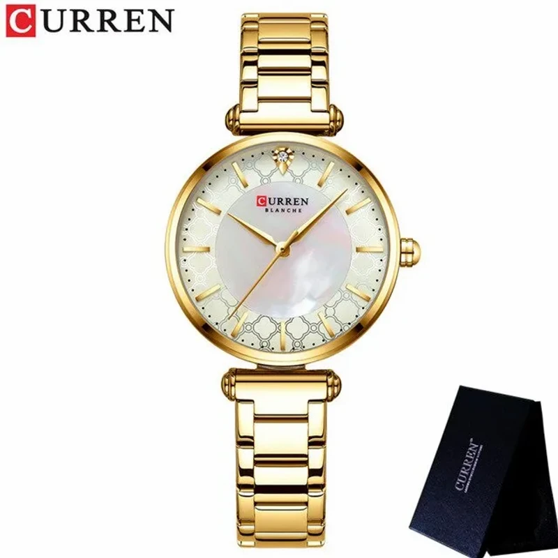 CURREN MODEL 9072 Watches for Women Luxury Brand CURREN Elegant Thin Quartz Wristwatch with Stainless Steel Simple Female Clock-Golden And White
