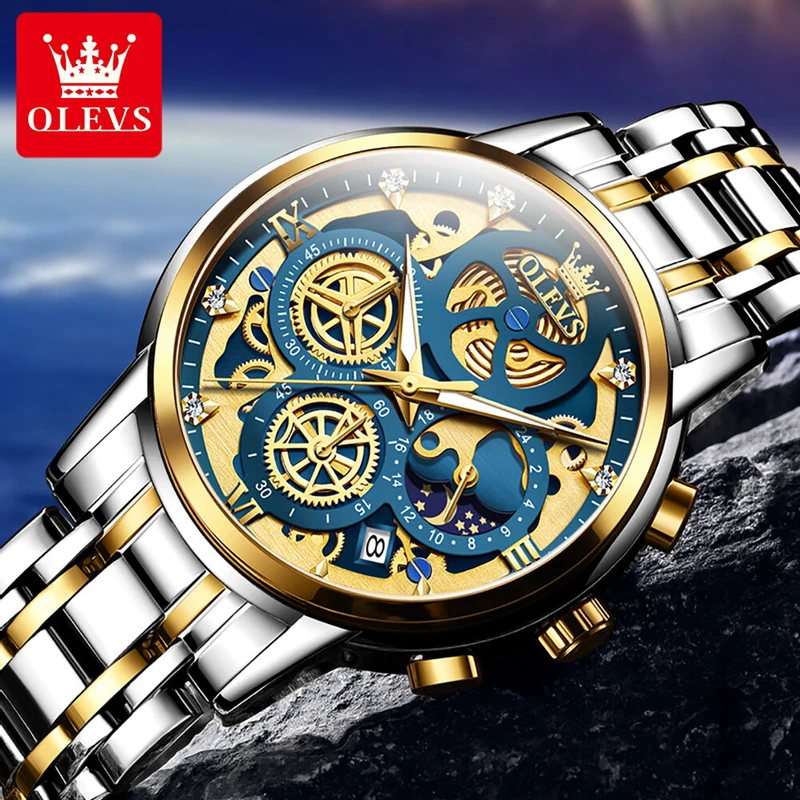 OLEVS Watch Model 9947  for Men Waterproof Trendy Hollow-Carved Design Stainless Steel Chronograph Luminous multifunctional Watch