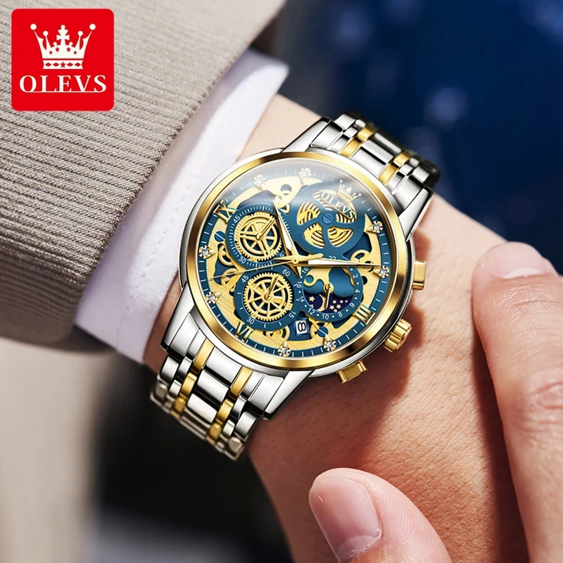 OLEVS WATCH MODEL 9947 FOR MEN WATERPROOF TRENDY HOLLOW-CARVED DESIGN STAINLESS STEEL CHRONOGRAPH LUMINOUS MULTIFUNCTIONAL WATCH
