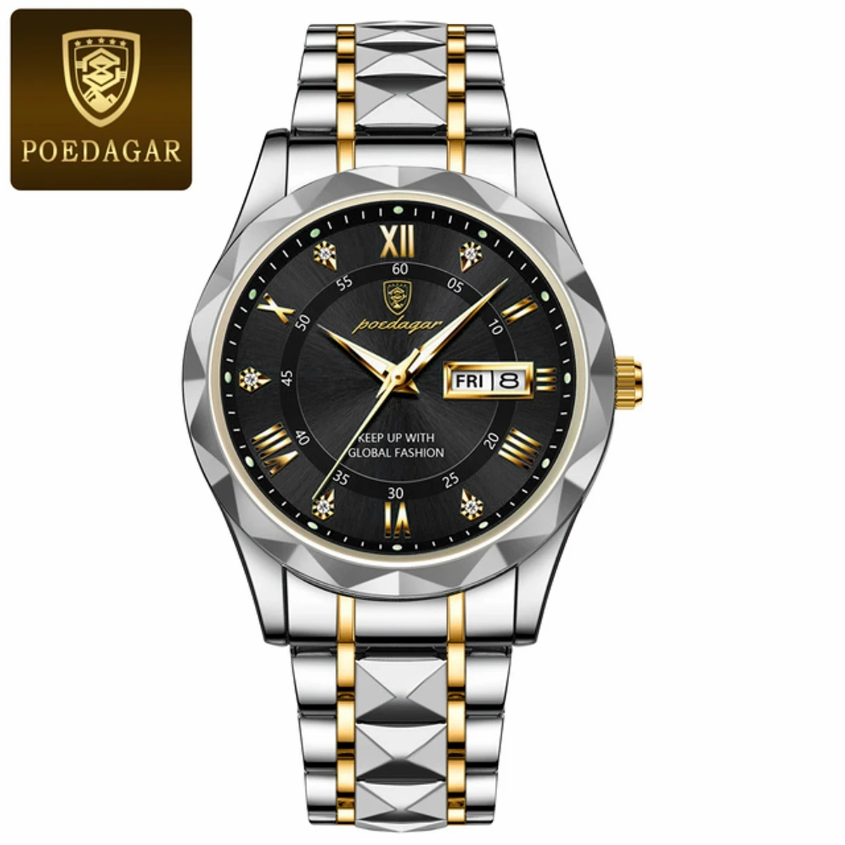 POEDAGAR Luxury Men Watches Business Top Brand Man Wristwatch Waterproof Luminous Date Week Quartz Men's Watch High Quality+Box -  Toton ar dial black