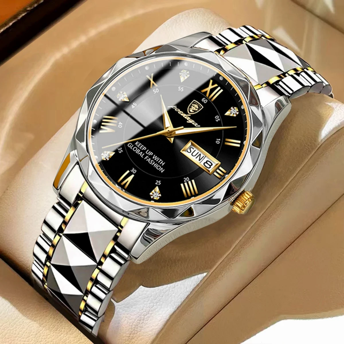 POEDAGAR Luxury Men Watches Business Top Brand Man Wristwatch Waterproof Luminous Date Week Quartz Men's Watch High Quality+Box -  Toton ar dial black