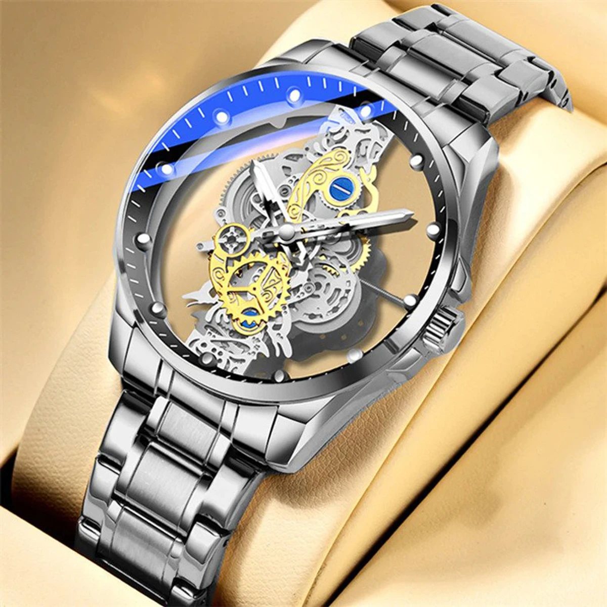 Original Stainless Steel Luxury Automatic Design Fashion Unique  Luminous Watch For Men-  Full Silver