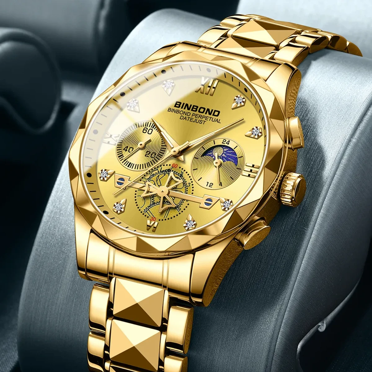 2023 New Luxury Binbond Brand Men's Luminous Watches Stainless Steel BINBOND Waterproof Chronograph watch - Full Golden