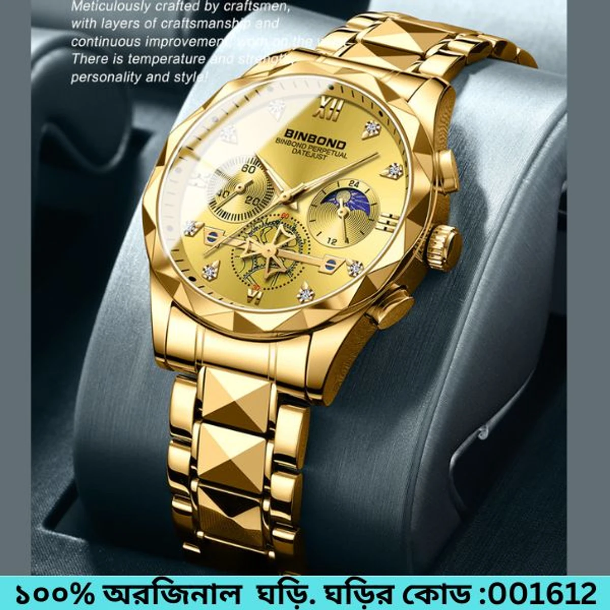 2023 New Luxury Binbond Brand Men's Luminous Watches Stainless Steel BINBOND Waterproof Chronograph watch - Full Golden