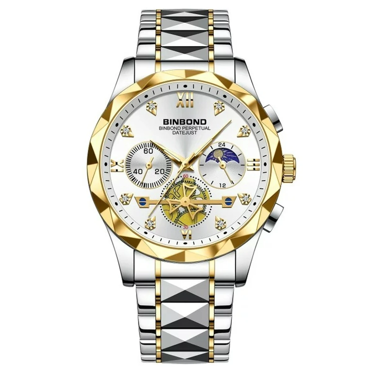 New Luxury Binbond Brand Men's Luminous Watches Stainless Steel Waterproof - BINBOND  Chronograph watch - Toton Ar White Dial Watch FOR MAN
