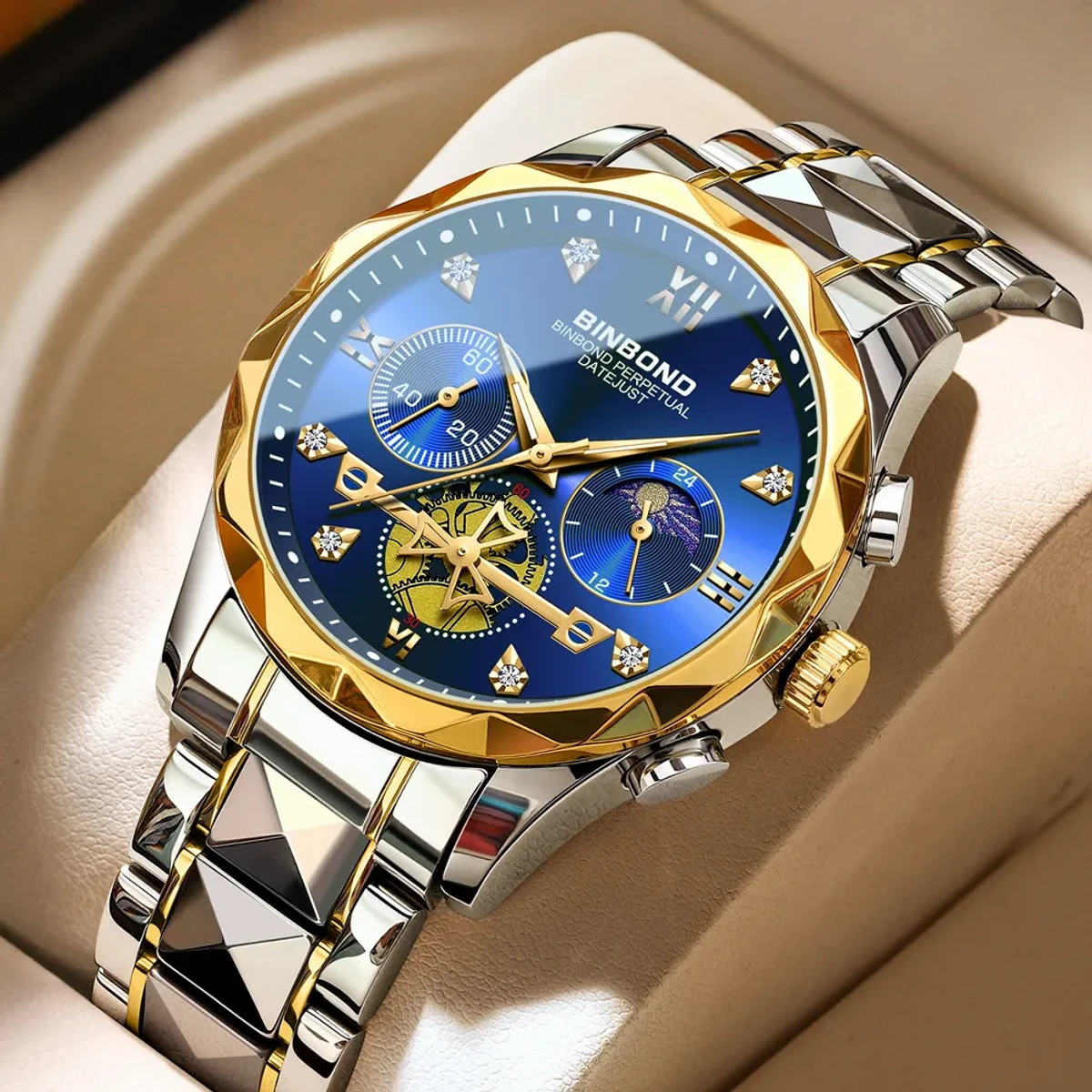 2023 New Luxury Binbond Brand Men's Luminous Watches Stainless Steel Waterproof - BINBOND Chronograph watch - Toton ar dial blue COOLER FOR MAN