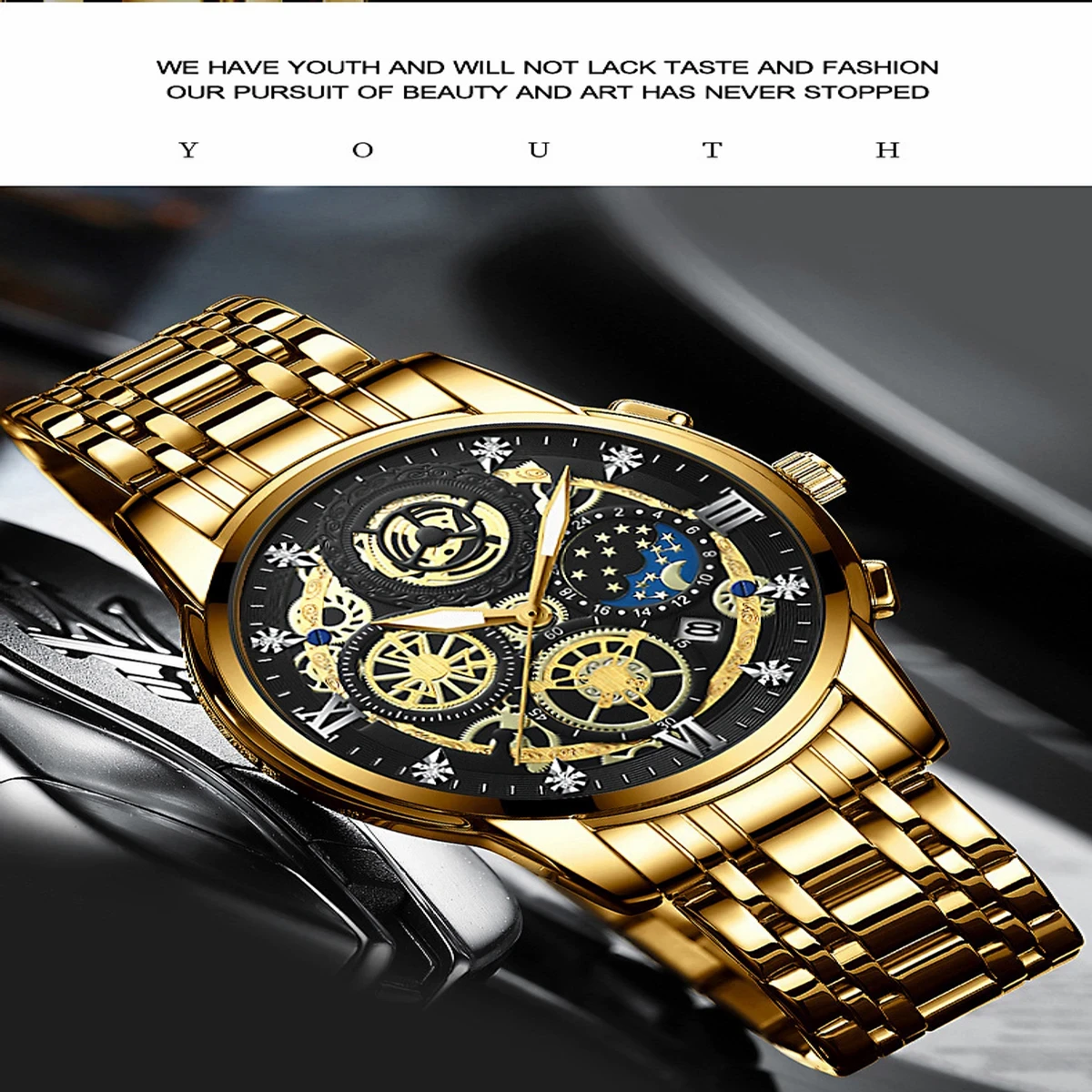 Binbond Non Automatic Design Mechanical  Watch 3 CHABI GOLDEN CHAIN DIAL BLACK COOLER WATCH for Men