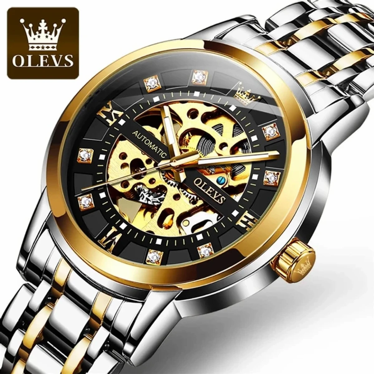 OLEVS MODEL 9901 MEN’S WATCH AUTOMATIC BUSINESS FASHION WATERPROOF MECHANICAL LUMINOUS STAINLESS STEEL WATCH FOR MEN -  TOTON AR DIAL BLACK COOLER WATCH