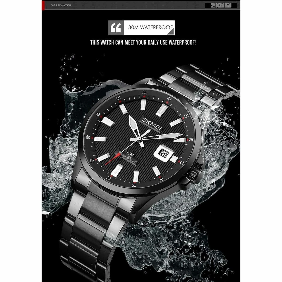 SKMEI 1654 Luxury Quartz Luminous Dial Date Waterproof Watch FOR Men-Black
