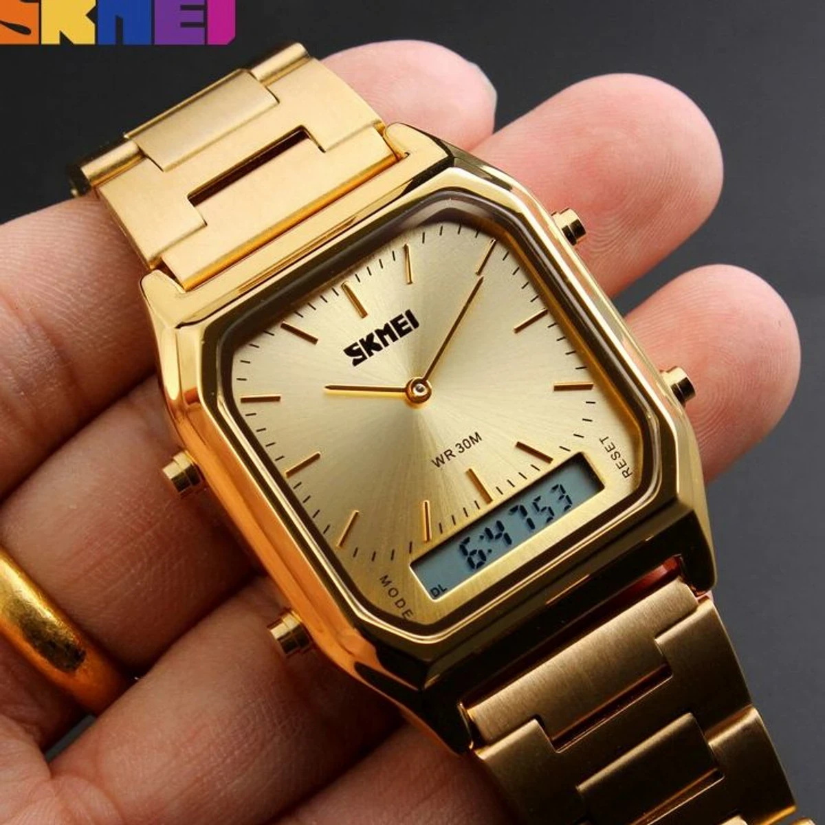 SKMI 1220 Waterproof Digital Dual Time Fashion Watch For Men- Full Golden