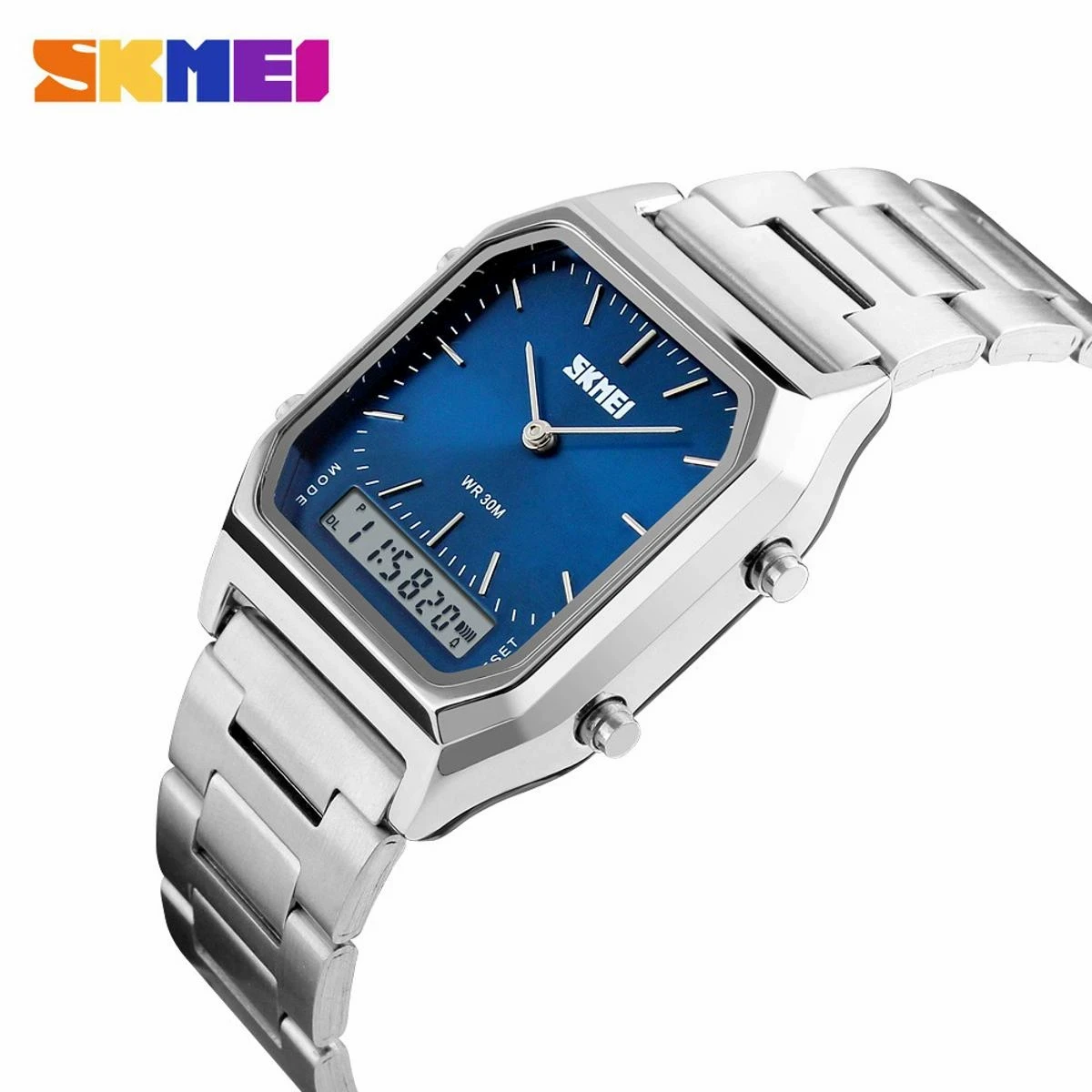 SKMEI 1220 Silver Stainless Steel Dual Time Luxury Watch For Men - Blue & Silver