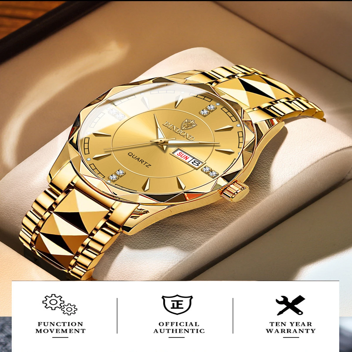 Luxury Binbond Stainless Steel Classic Waterproof Watch for Men - Man Binbond MODEL 2024 dimond card Degain Full golden