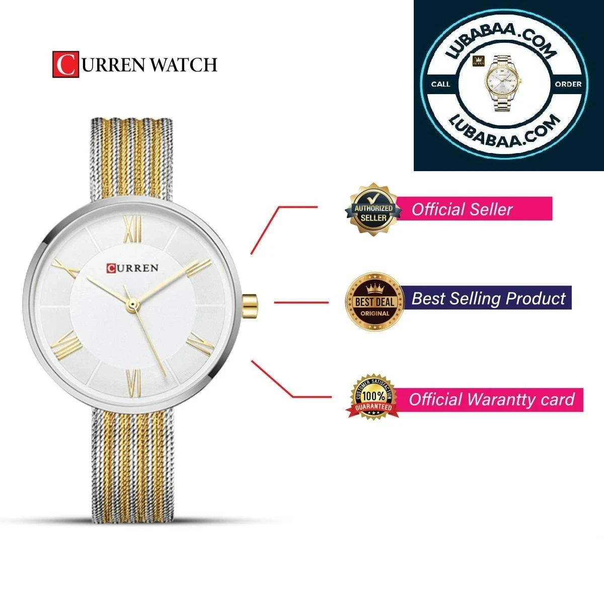 Luxury Women Curren Code: 001113  Golden Mesh Stainless Steel Analog Watch For Women - Golden&White