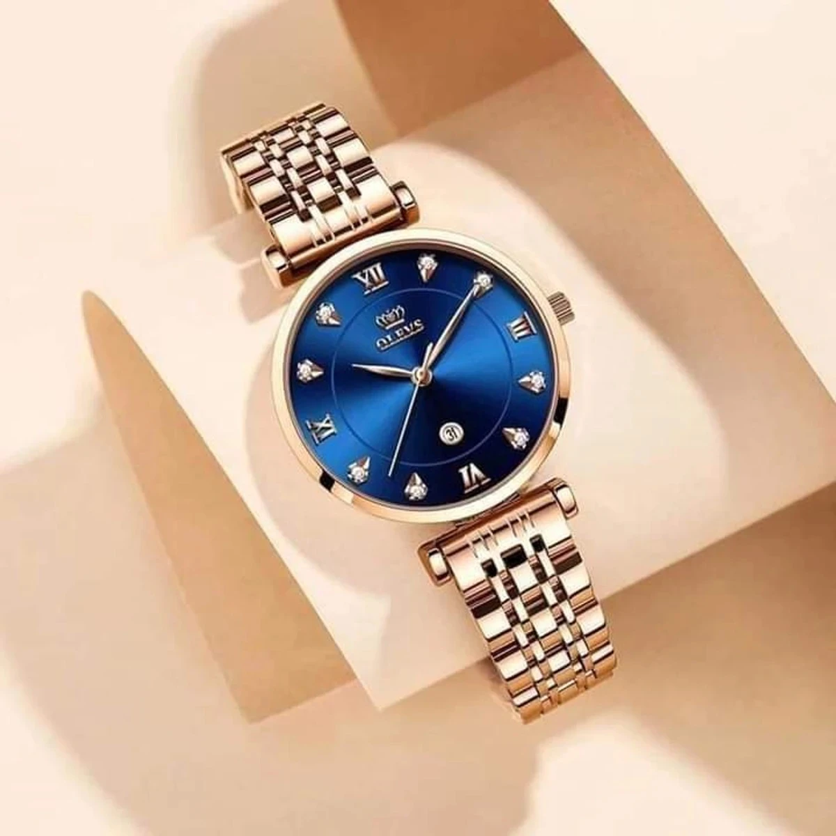 OLEVS WATCH MODEL 5866 Stainless Steel Analoge Wrist Watch For Women Olevs Model 5866 Golden Chain Dial Blue Watch