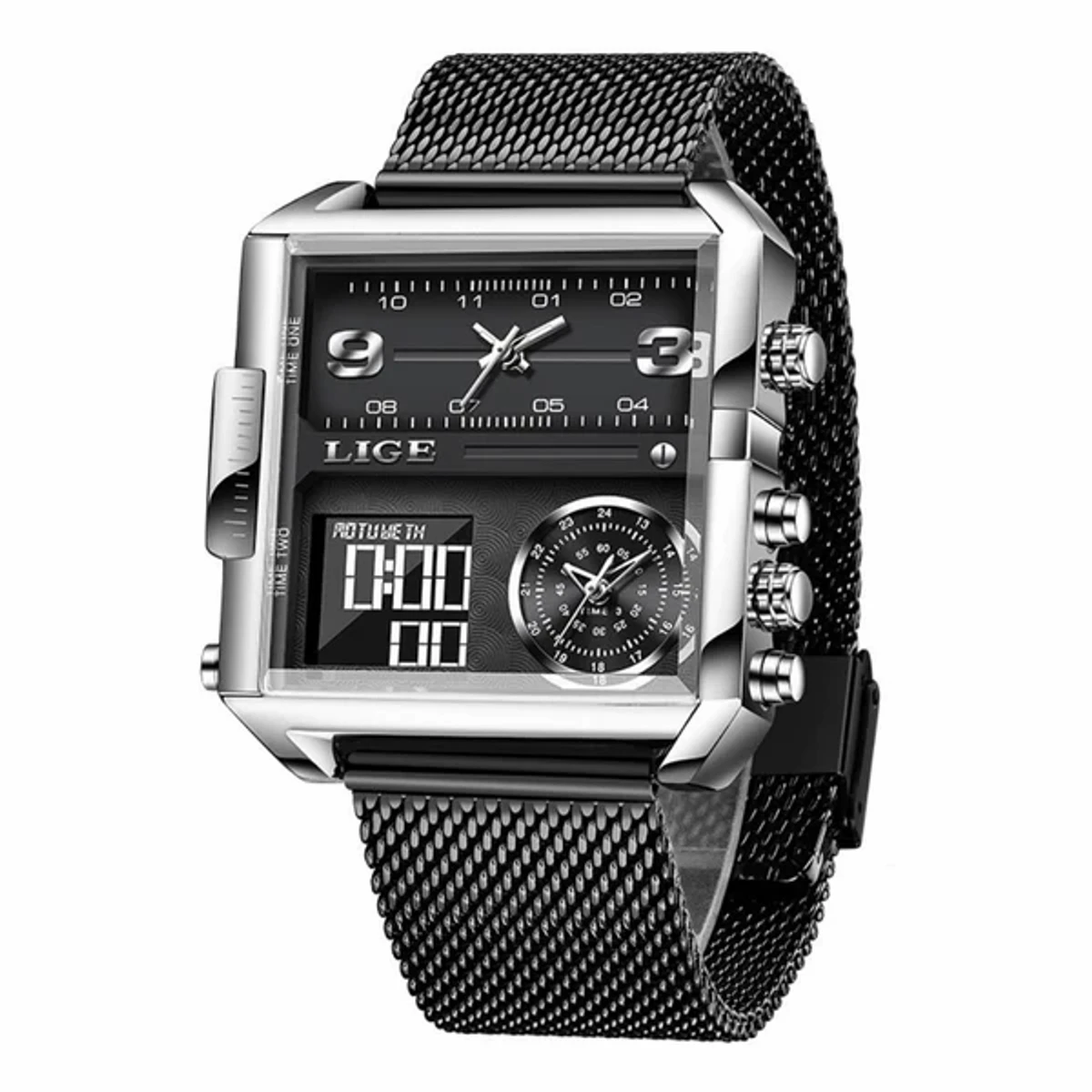 Lige Model 8925 Triple Time Square Stainless Steel Mesh Chain Watch