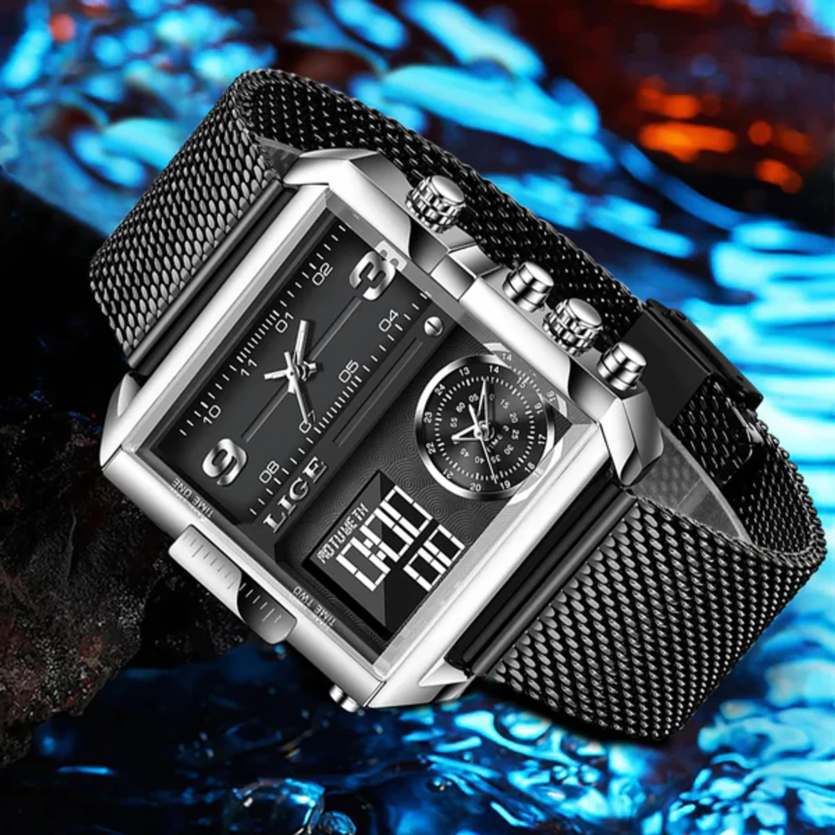 Lige Model 8925 Triple Time Square Stainless Steel Mesh Chain Watch