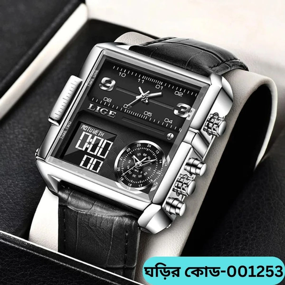 LIGE 8925 Black PU Leather Dual Time Watch For Men - Silver & Black