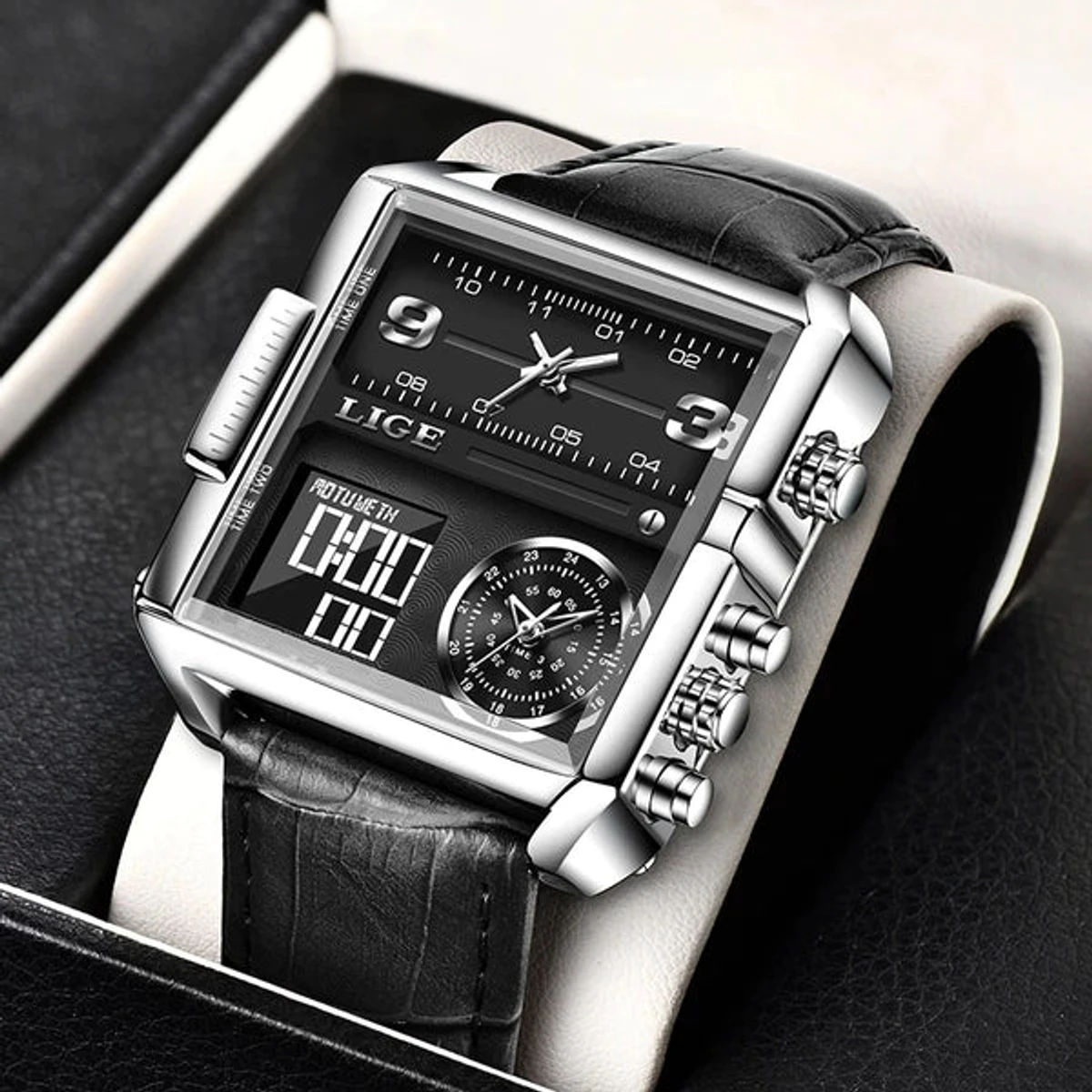 LIGE 8925 Black PU Leather Dual Time Watch For Men - Silver & Black