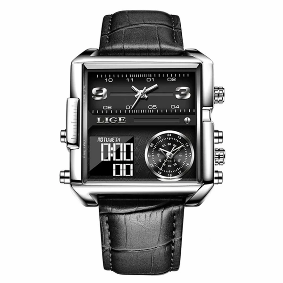 LIGE 8925 Black PU Leather Dual Time Watch For Men - Silver & Black