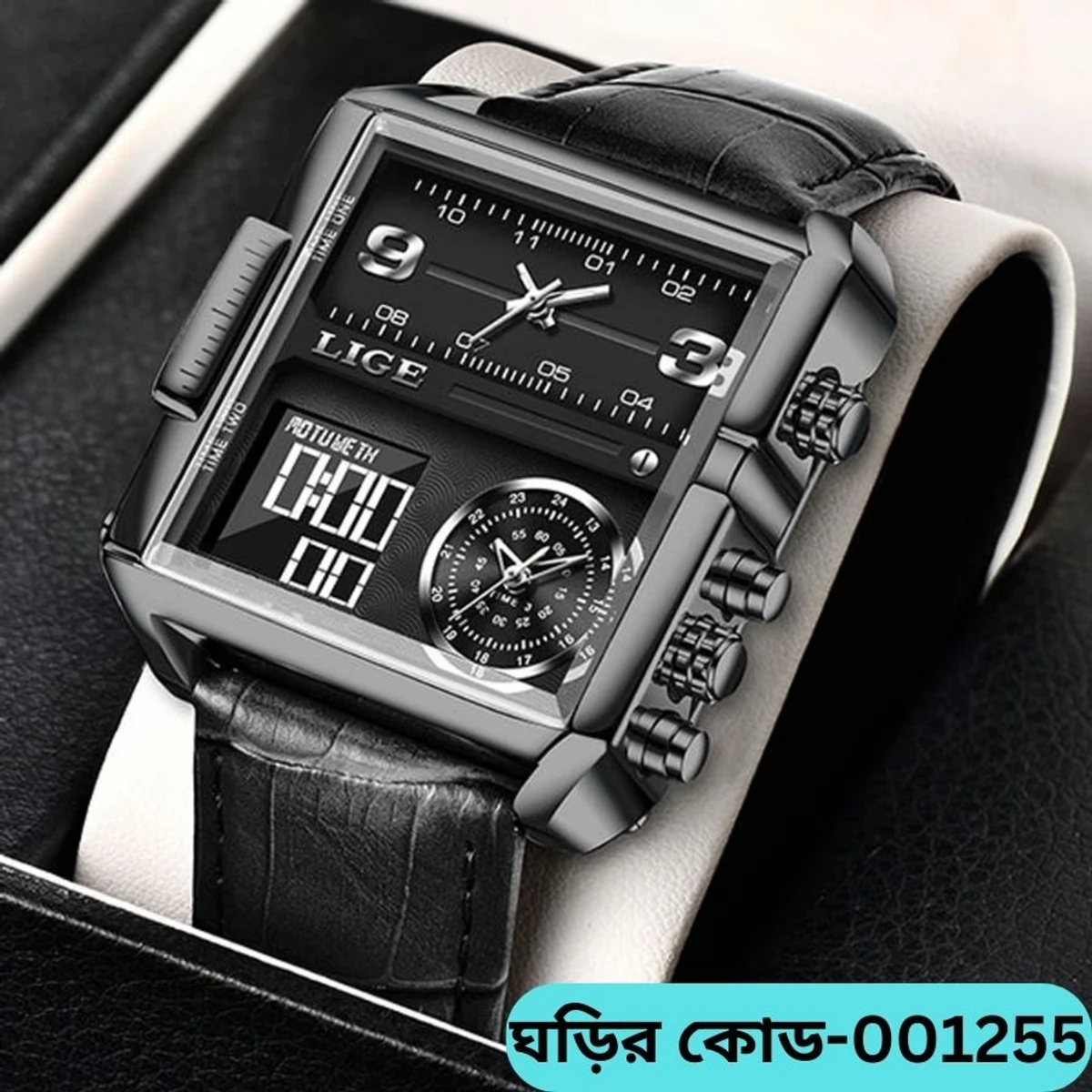 LIGE 8925 Black PU Leather Dual Time Watch For Men - Black