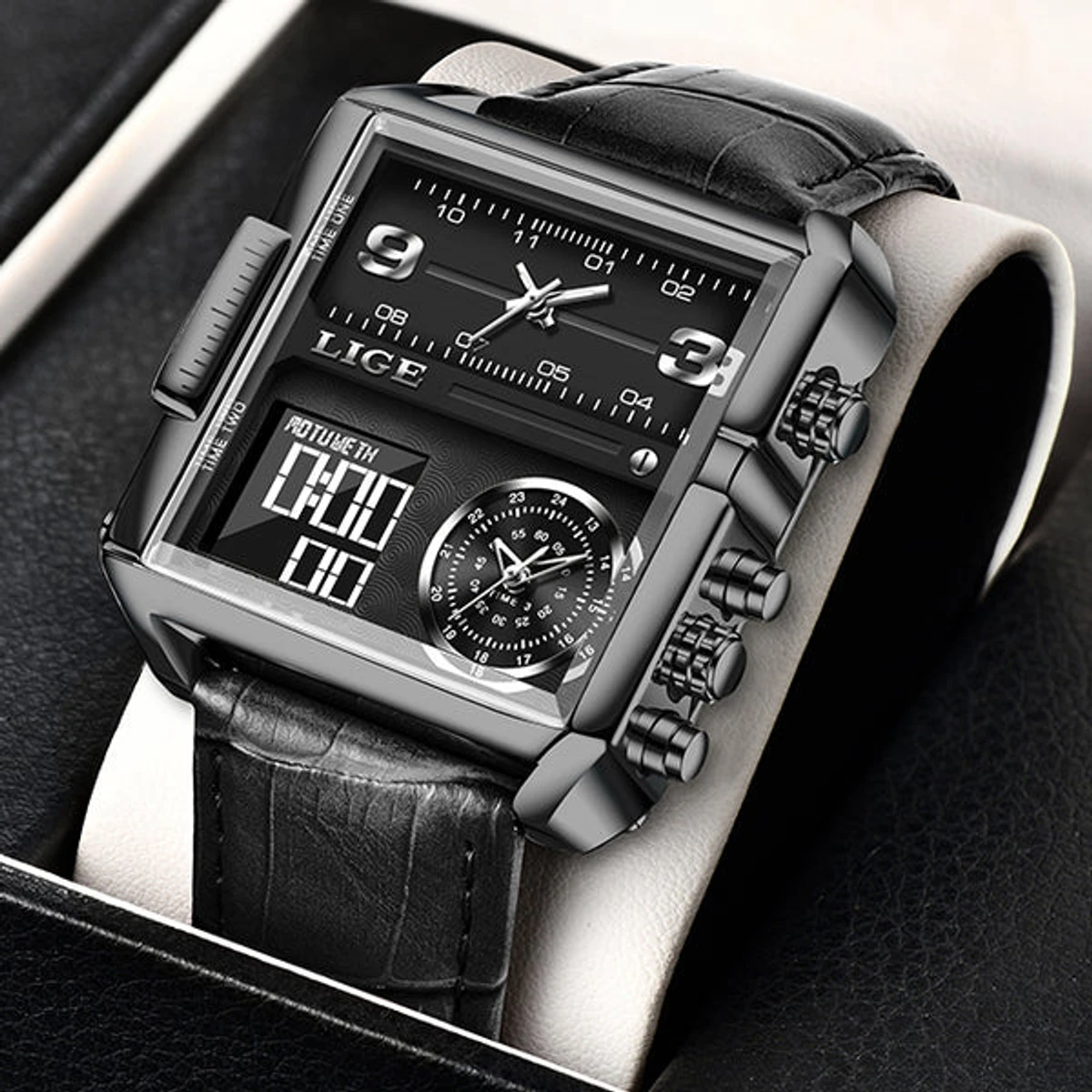 LIGE 8925 Black PU Leather Dual Time Watch For Men - Black