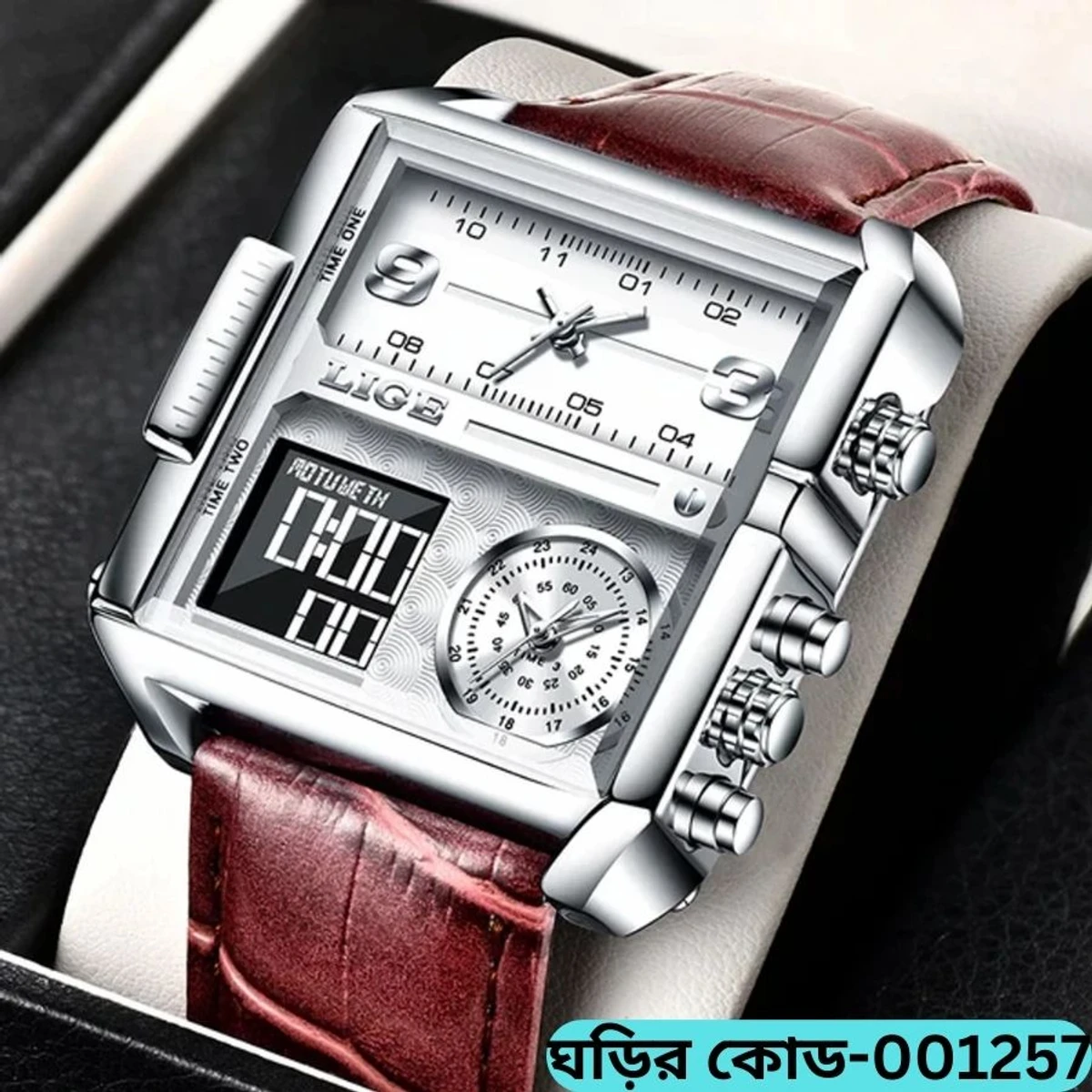 LIGE MODEL 8925 Black PU Leather Dual Time Watch For Men