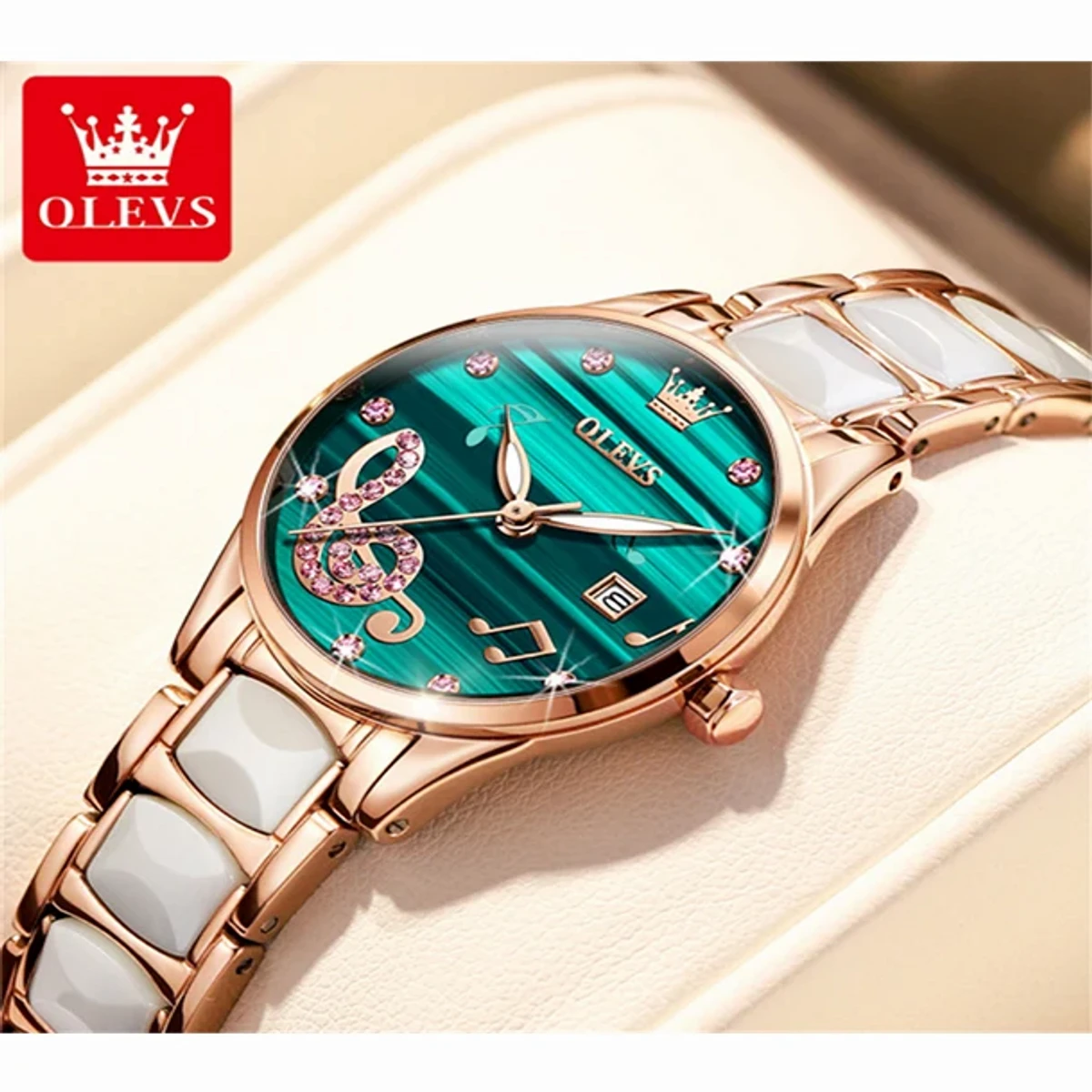 Olevs Model 3605 Luxury Rhinestone Ceramics Strap Quartz Watch