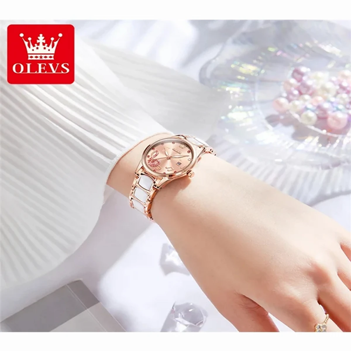 Olevs Model 3605 Luxury Rhinestone Ceramics Strap Quartz Watch