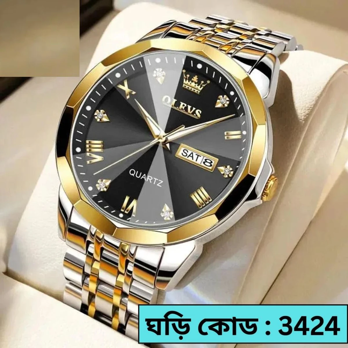 OLEVS MODEL 9931 Watch TOTON AR DIAL BLACK ROUND GOLDEN COLOUR - - MAN WATCH - LOCK PUSH