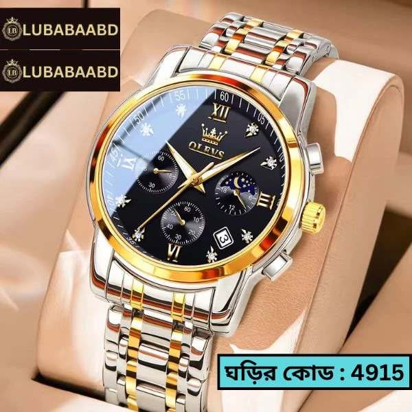 OLEVS MODEL 2858 Watch for Men Stainless Steel Watches - 2858 TOTON AR DIAL BLACK ROUND GOLDEN - MAN WATCH + এক পিস ব্যাটারি ফ্রি।