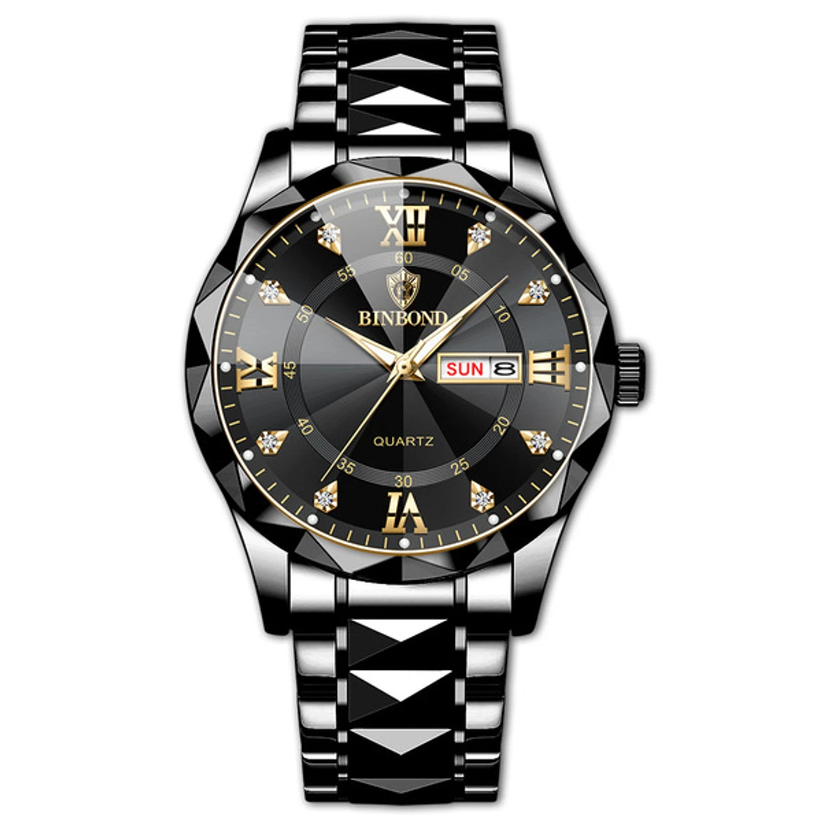 BINBOND NEW DIAMOND CUT DESIGN FULL BLACK COLOUR WATCH  MAN LOCK PUSH + এক পিস ব্যাটারি ফ্রি।