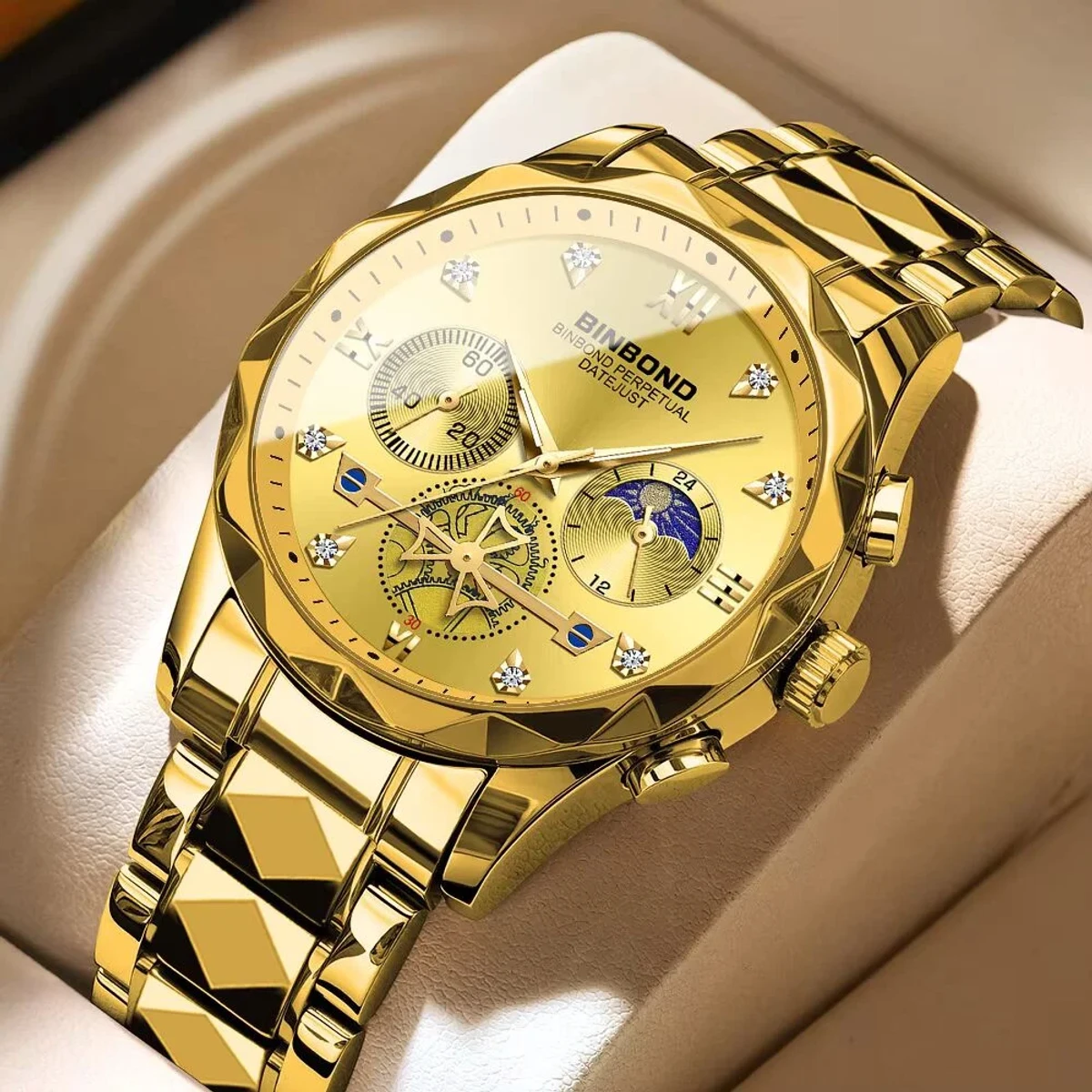 DIMOND CARD DEGAIN CHAIN BINBOND CHORNOGRAF  FULL GOLDEN  COLOUR WATCH LOCK PUSH - এক পিস ব্যাটারি ফ্রি