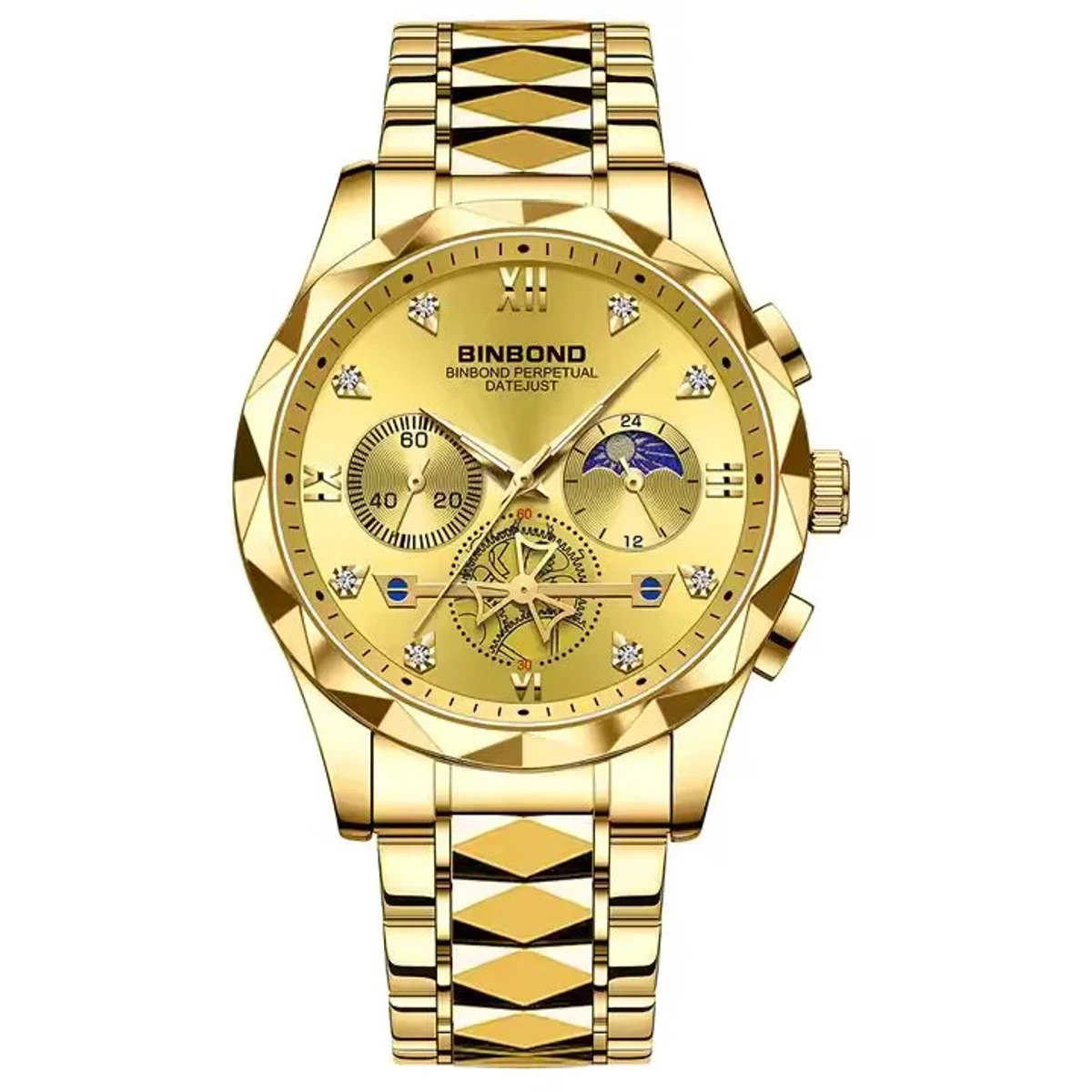 DIMOND CARD DEGAIN CHAIN BINBOND CHORNOGRAF  FULL GOLDEN  COLOUR WATCH LOCK PUSH - এক পিস ব্যাটারি ফ্রি
