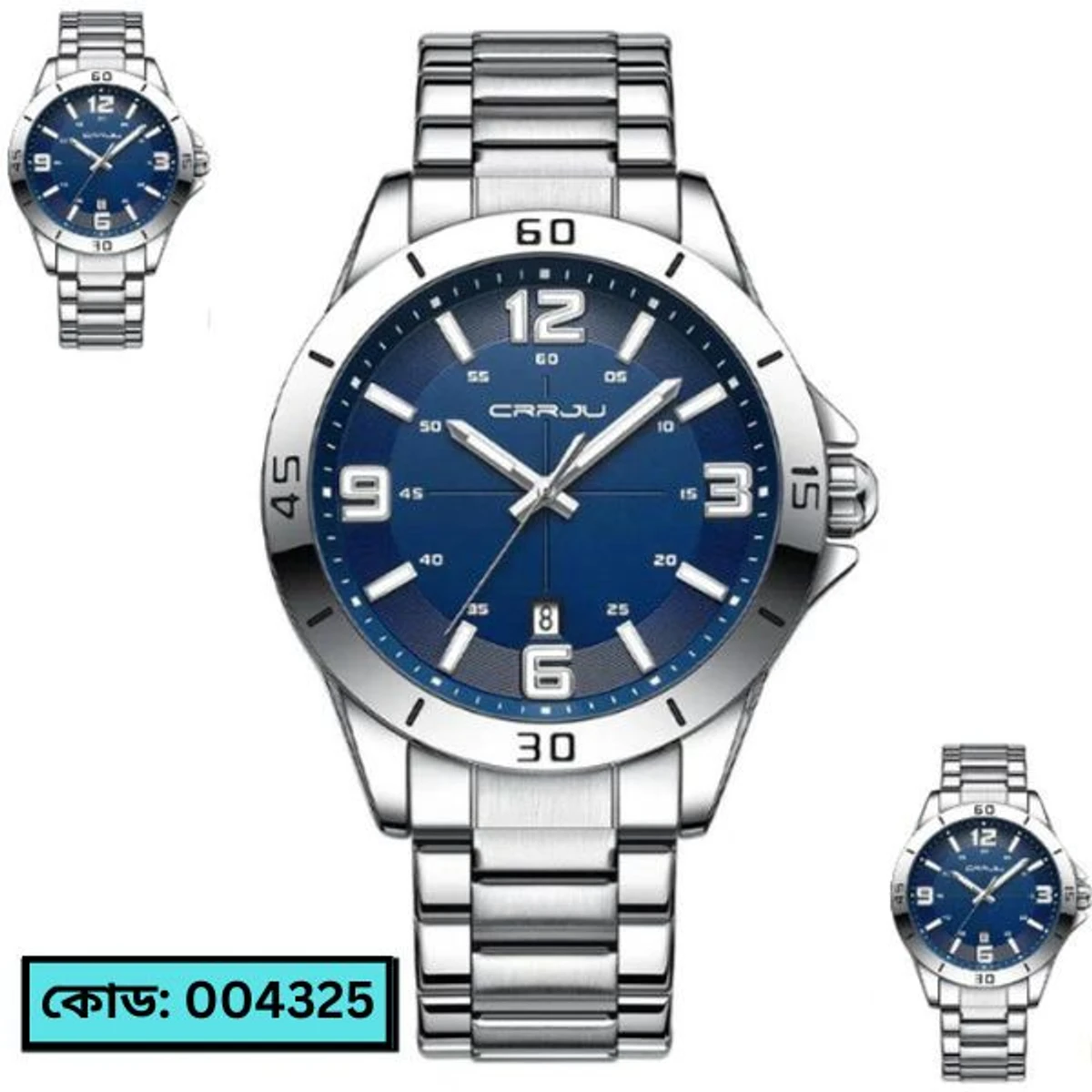 CRRJU MODEL 5003 Man’s Premium Quality Watch Silver Chain Dial Blue Cooler Man Watch date shoho